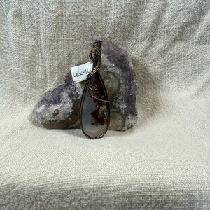 Natural Plume Agate Elongated Teardrop Gemstone Copper Wire Wrapped Pendant
